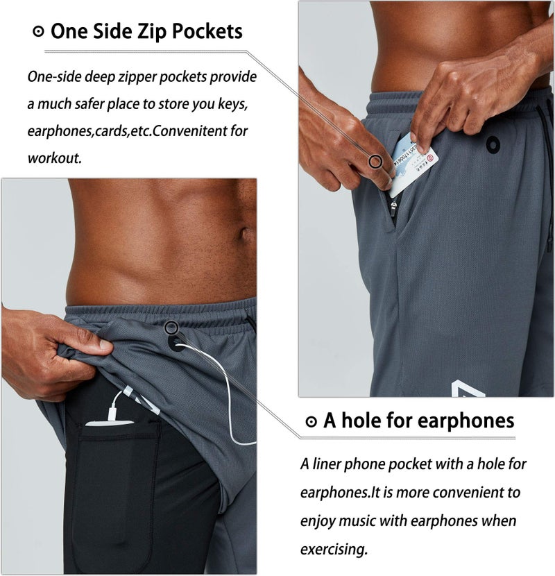 Pinkbomb Men's 2 in 1 Running Shorts Gym Workout Quick Dry Mens Shorts with Phone Pocket (Grey, Medium) - Image 3